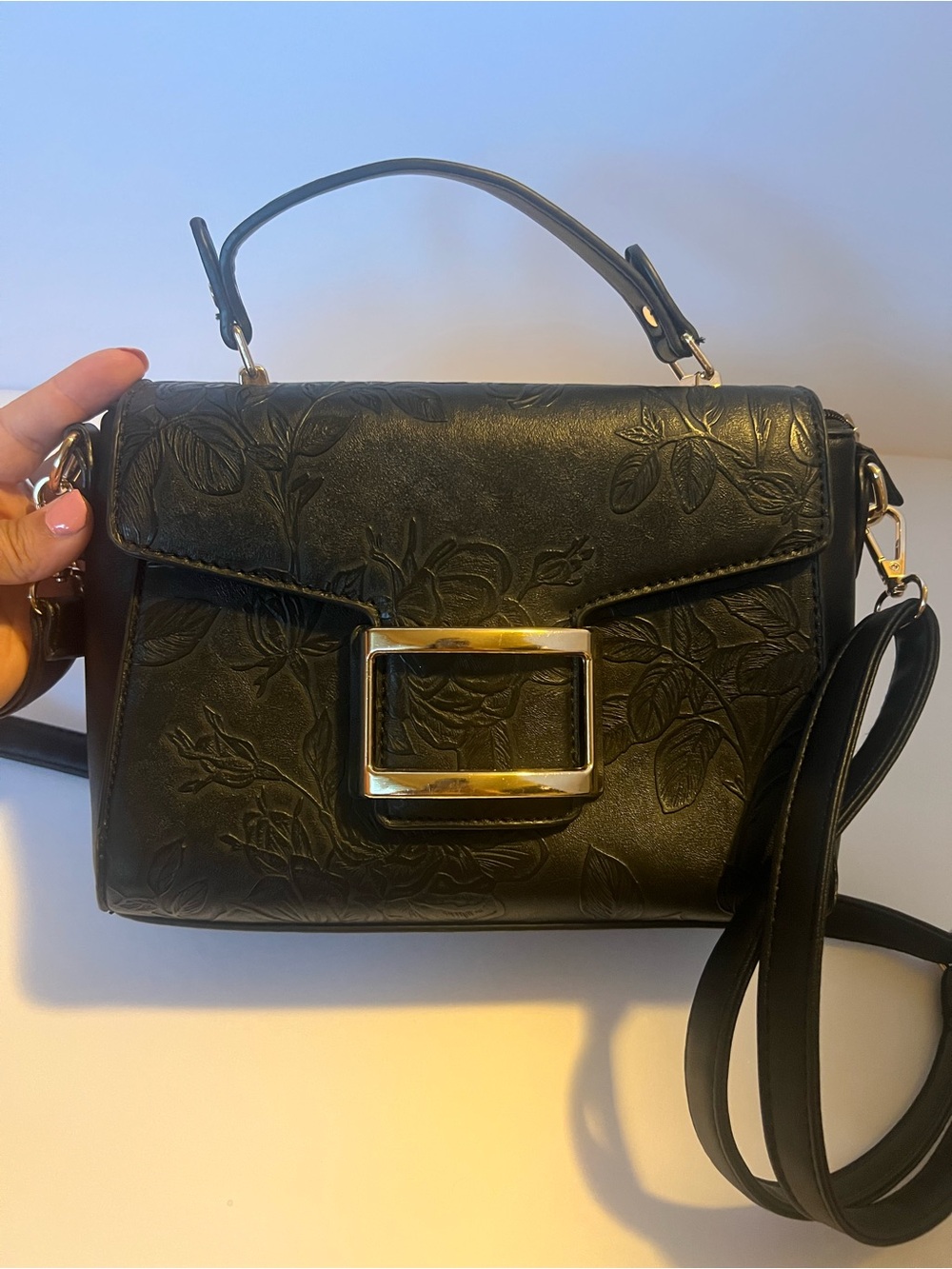 Jolene Couture Black Floral-Embossed Leather Crossbody Bag with Gold Buckle